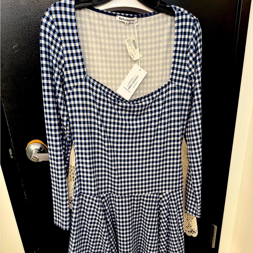 NWT Reformation Coen Blue Gingham Jersey Knit Long Sleeve Square Neck Dress M